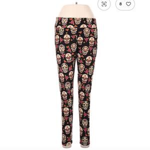 Size Lg - XL Black Leggings with Colorful Skull Pattern
